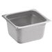 A Carlisle stainless steel 1/6 size steam table pan with a square bottom.