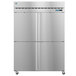 A large silver Hoshizaki reach-in refrigerator with two half solid stainless steel doors.