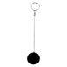 A black circle on a chain, hanging from a reel.