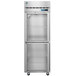 A stainless steel Hoshizaki reach-in refrigerator with half glass doors and shelves.