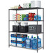 An Alera black anthracite steel wire shelving unit with items on it.