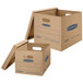 Two Banker's Box cardboard moving boxes with lids and handles, one brown and one blue.