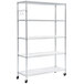 A silver metal wire shelving unit with wheels.