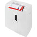 A white HSM ShredStar X20 shredder with red and white paper in it.