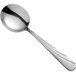 A Libbey stainless steel bouillon spoon with a curved handle and a silver finish.