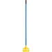 A blue and yellow Rubbermaid fiberglass mop handle.