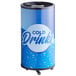 A blue Galaxy cold drink barrel merchandiser with a white and black lid on wheels.