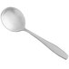 A Libbey stainless steel bouillon spoon with a silver handle on a white background.