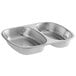 A white background with a silver ChoiceHD foil entree pan with two compartments and a clear dome lid.