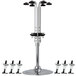 A silver metal rack with black and silver Precision Pours rotary liquor pourers.