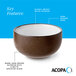 A 10 oz. stoneware bowl with a warm, dark brown matte speckled exterior and a glossy white interior.