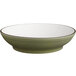 A moss green stoneware bowl with a white rim.