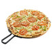 A pizza with tomatoes and green peppers on a Tablecraft acacia wood serving board.