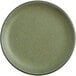 An Acopa Moss Green matte stoneware plate with a brown rim.