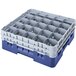 A blue plastic crate with 25 compartments and 3 extenders with holes in it.