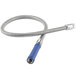 A flexible stainless steel Waterloo pre-rinse faucet hose with a blue handle.