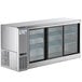 An Avantco stainless steel back bar refrigerator with glass sliding doors.
