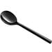 An Acopa Phoenix black stainless steel bouillon spoon with a long handle.