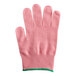 A pink glove with a green band.