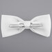 A white bow tie with a silver metal bar clipped on.