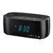 A black Conair digital alarm clock with blue numbers.