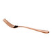 A rose gold-colored fork with a simple, elegant design is shown against a white background.