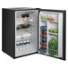 A Hamilton Beach black compact refrigerator with food and drinks inside.