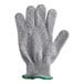 A grey knitted glove with green trim.