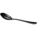 A close-up of an Acopa Vernon stainless steel bouillon spoon with a black handle.
