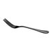 A single black dinner fork with a sleek, reflective finish is shown against a white background.
