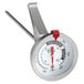A Choice deep fry and candy thermometer with a metal and red probe and a handle.