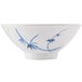 A white melamine bowl with blue bamboo designs.