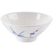 A white bowl with blue bamboo designs.