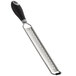 A Mercer Culinary stainless steel grater with a black Santoprene handle.
