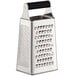 A Mercer Culinary stainless steel box grater with a black handle on the side.