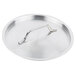 A silver stainless steel Vollrath lid with a metal handle.