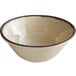 A beige Carlisle melamine bowl with a brown rim.