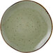 A Tuxton TuxTrendz china plate with a speckled green and brown pattern.