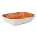 A white rectangular bowl with a white rim and orange and white geode design.