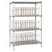 A MetroMax Q metal shelf rack with FIFO can racks and wire baskets on it.
