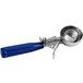 A blue and silver Hamilton Beach #16 ice cream scoop with a thumb press handle.