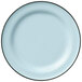 A white porcelain plate with a light blue background and black rim.