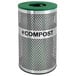 A close-up of a stainless steel Ex-Cell Kaiser compost receptacle with the word "compost" in perforated metal.