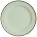 A white plate with a green rim.