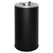 A black cylinder with a stainless steel flip top.