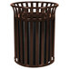 A brown metal Ex-Cell Kaiser outdoor trash receptacle with black stripes.