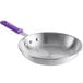 A Choice aluminum frying pan with a purple silicone handle.