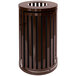 A brown metal Ex-Cell Kaiser Streetscape outdoor trash receptacle with black stripes.