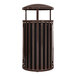 A brown metal Ex-Cell Kaiser outdoor trash receptacle with a black canopy lid.
