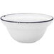 A white Luzerne porcelain cereal bowl with a blue rim.